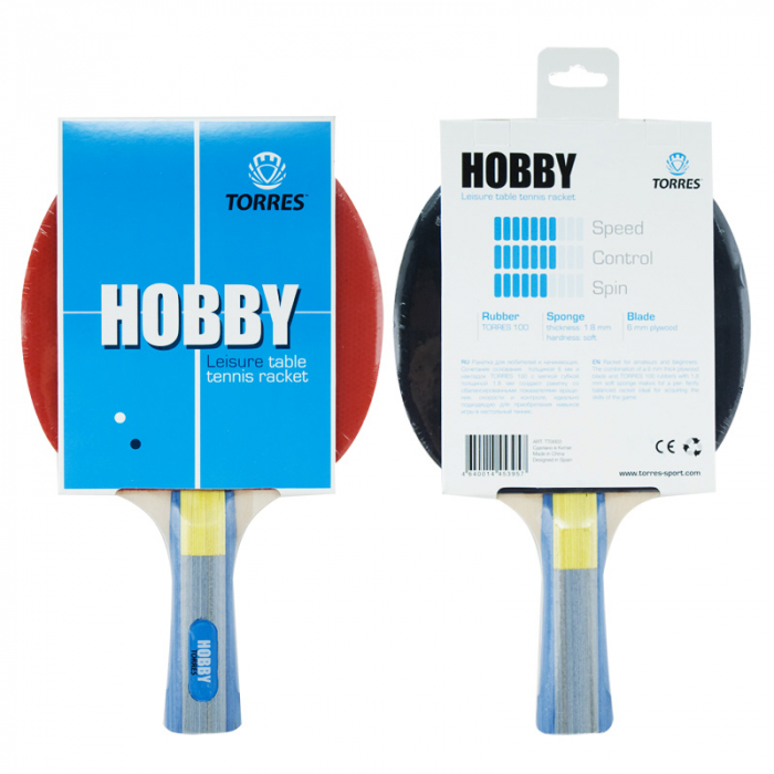 Ракетка для н/т TORRES Hobby, TT0003, для любителей, накладка 1,8 мм, конич. ручка