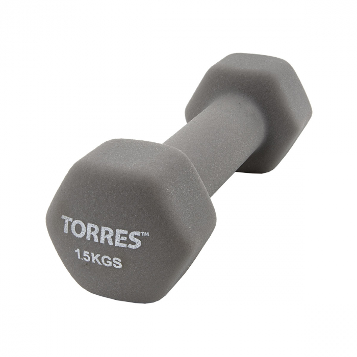 Гантель TORRES 1,5 кг, PL550115, металл в неопреновой оболочке, форма шестигранник, серый