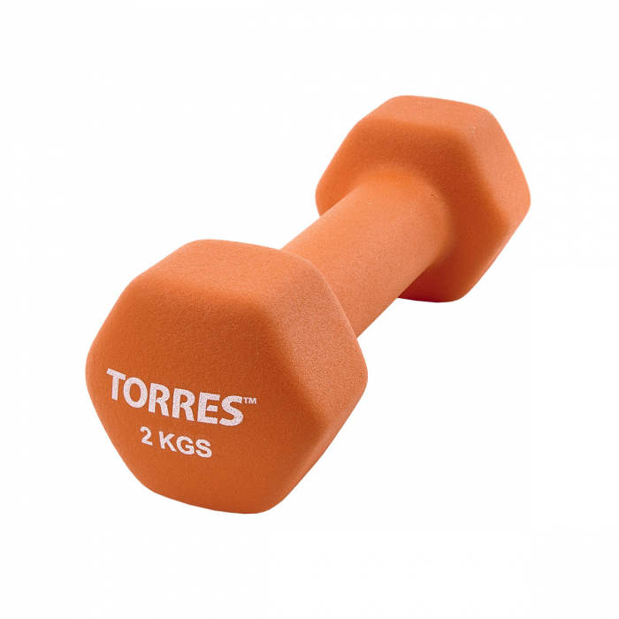 Гантель TORRES 2 кг, PL55012, металл в неопреновой оболочке, форма шестигранник, оранжевый