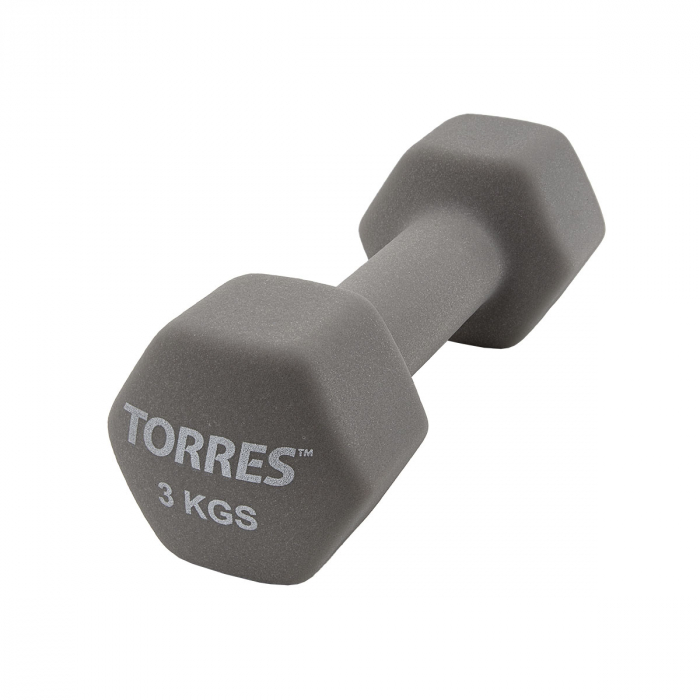 Гантель TORRES 3 кг, PL55013, металл в неопреновой оболочке, форма шестигранник, серый