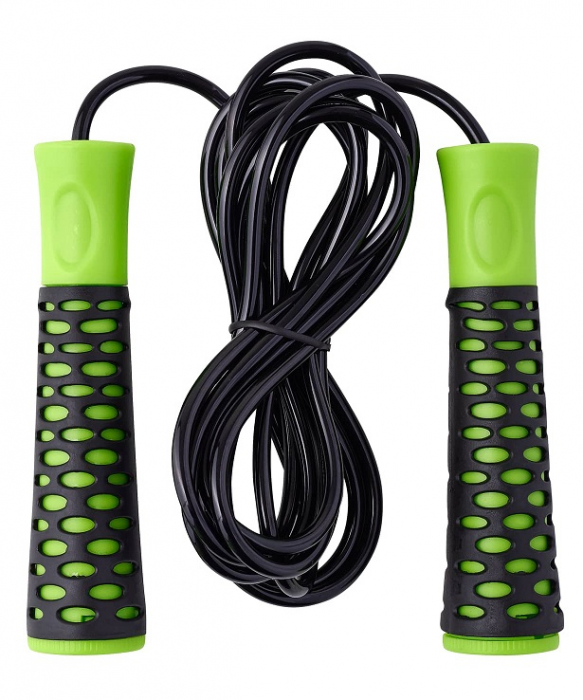 Скакалка RP-103 PVC, с нескользящей ручкой, 3,05 м, черный/зеленый BASEFIT